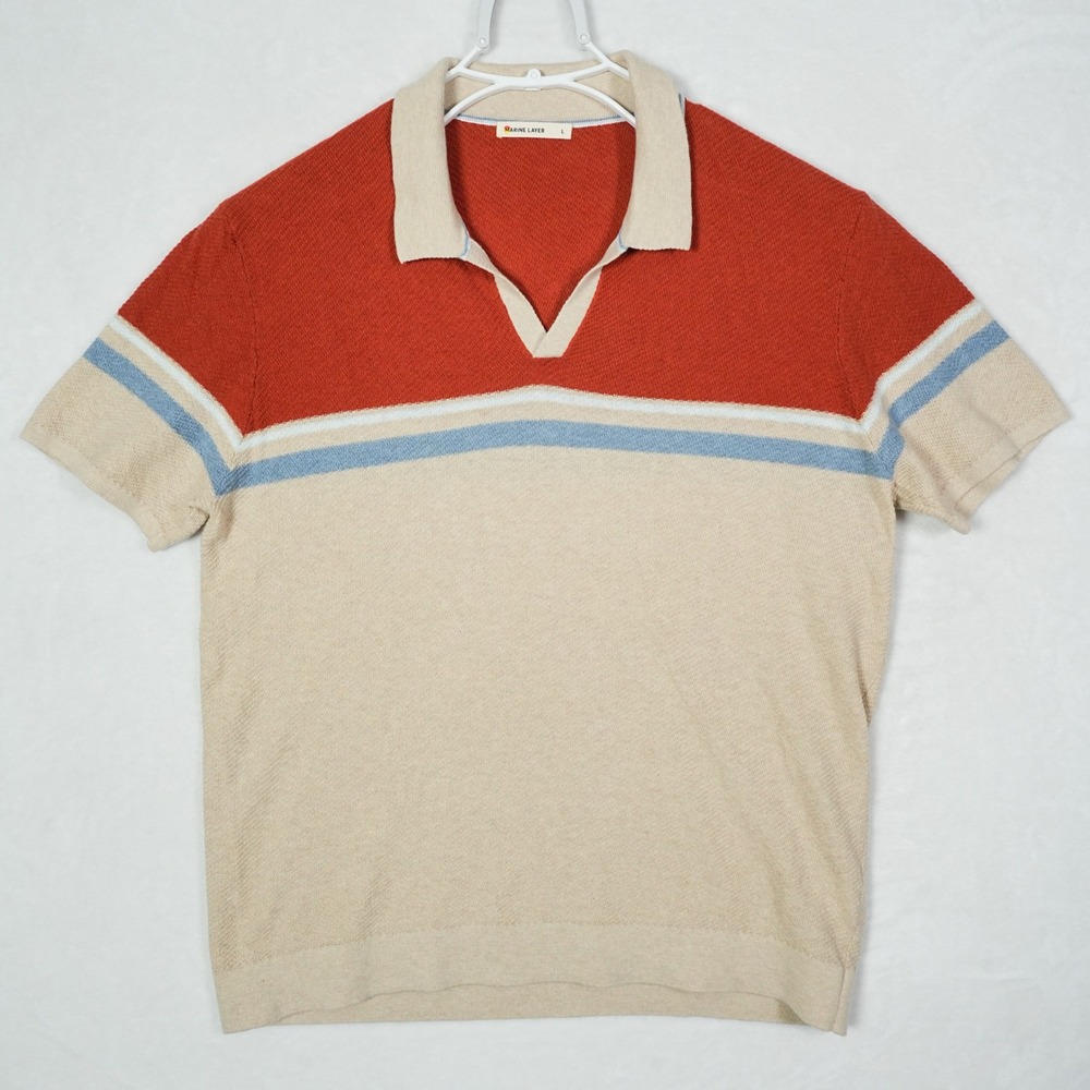 Marine Layer Greyson Mens Knit Polo Shirt Orange Tan Striped Johnny Collar Large